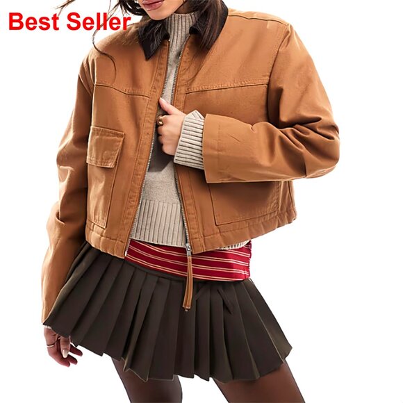 Cropped Utility Jacket with Contrast Collar Zipper Front Pockets Casual Wear